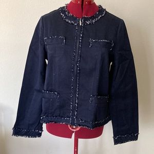 Chico’s blue denim jacket size 1 = Medium. 100% cotton. Front zipper. 4 pockets.